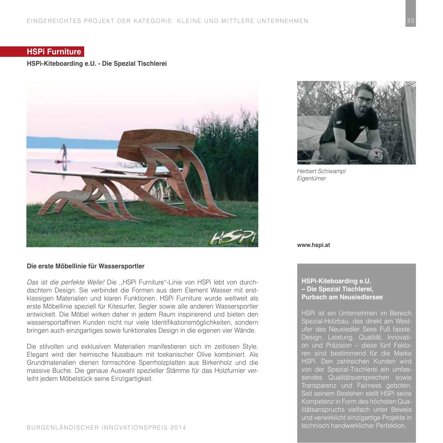 Offizielles Projektblatt zu HSPi Furniture beim Burgenländischen Innovationspreis 2014