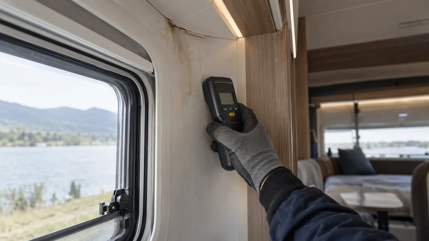 Symbolische Feuchtigkeitsmessung an einer Fensterfuge in einem Camper
