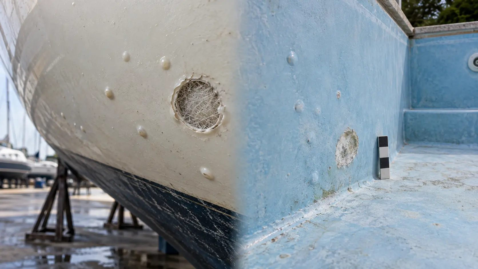 Symbolische Darstellung auffälliger GFK-Oberflächen an einem Boot und einem entleerten Pool