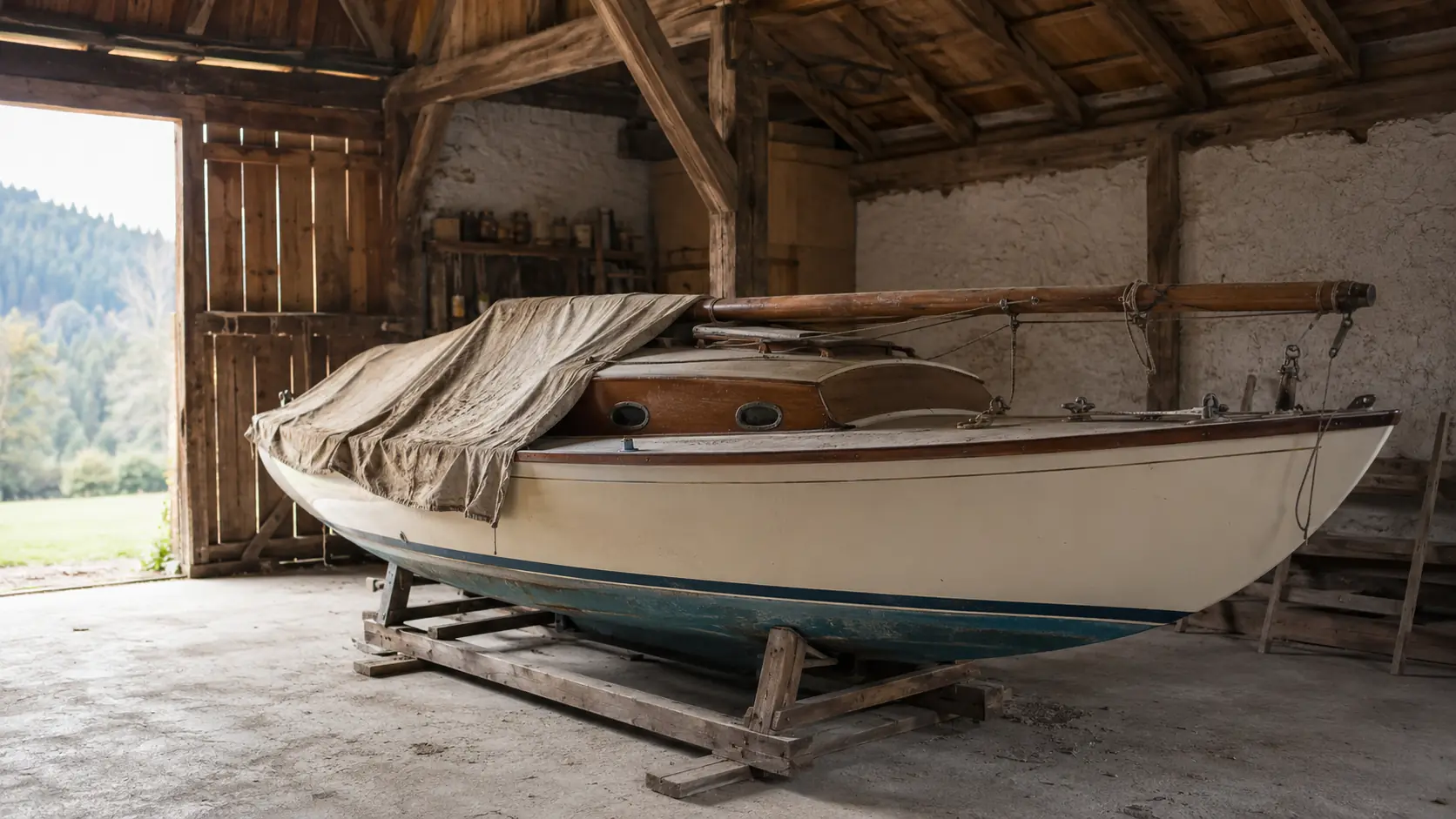 Älteres klassisches Segelboot mit aufgelegtem Mast und Plane in einem Stadl