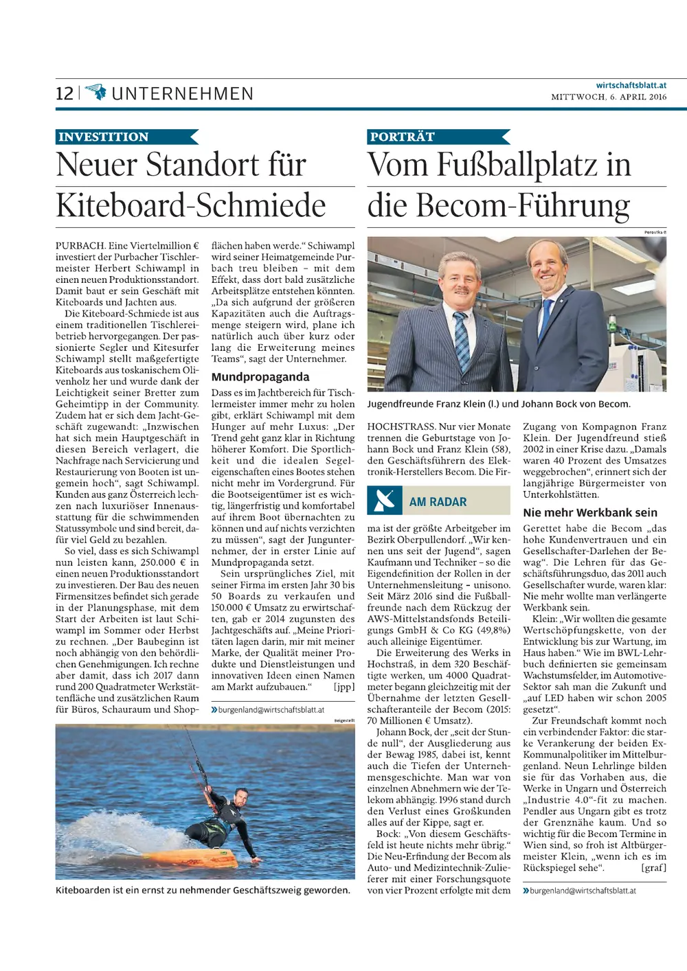 WirtschaftsBlatt-Bericht Neuer Standort für Kiteboard-Schmiede vom 6. April 2016